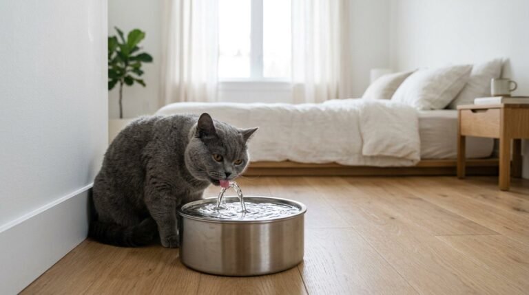 Gray cat drinking from a stainless steel water fountain in a bright bedroom