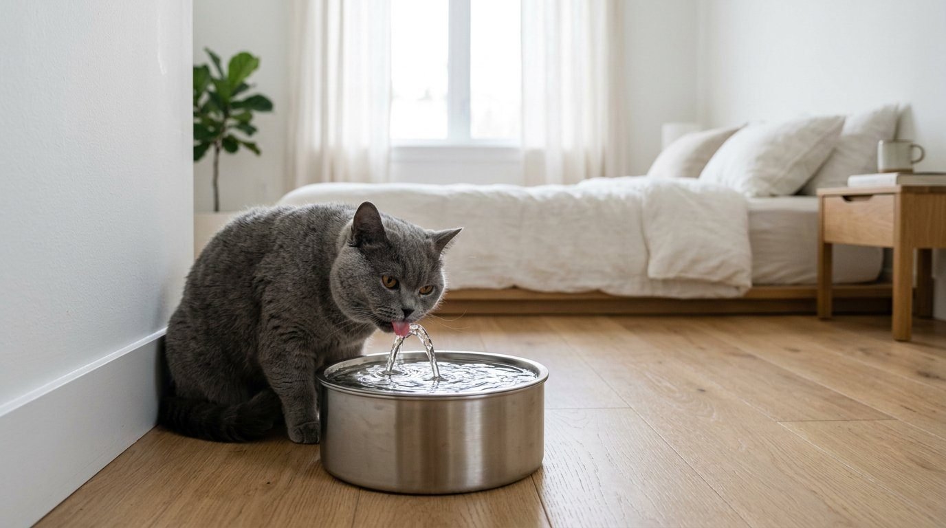Gray cat drinking from a stainless steel water fountain in a bright bedroom