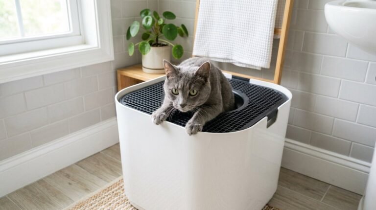 Cat climbing out through the grated lid of a top-entry litter box in a clean bathroom