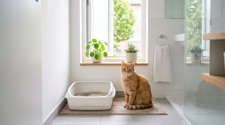 Orange tabby cat in a bright clean bathroom