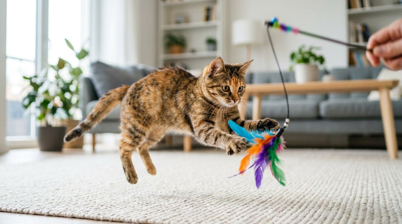 Tabby cat leaping to catch a colorful feather wand toy in a bright living room