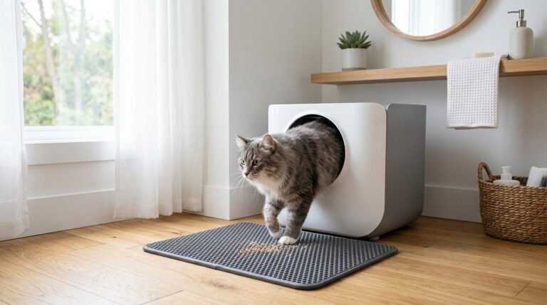 Cat stepping out of a litter box onto a gray litter trapping mat on a wood floor