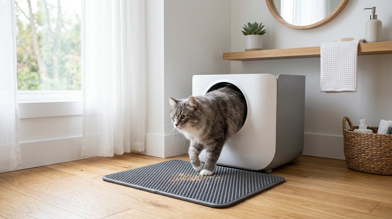 Cat stepping out of a litter box onto a gray litter trapping mat on a wood floor