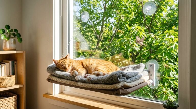 Tabby cat lounging on a cushioned window perch attached to a sunny apartment window