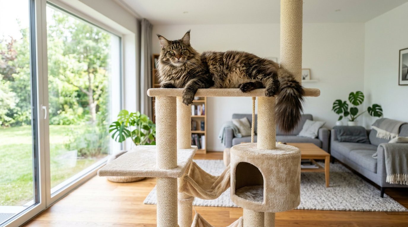Large Maine Coon cat lounging on the top platform of a sturdy cat tree