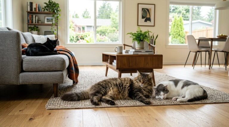 Three cats relaxing together in a bright living room in a multi-cat home