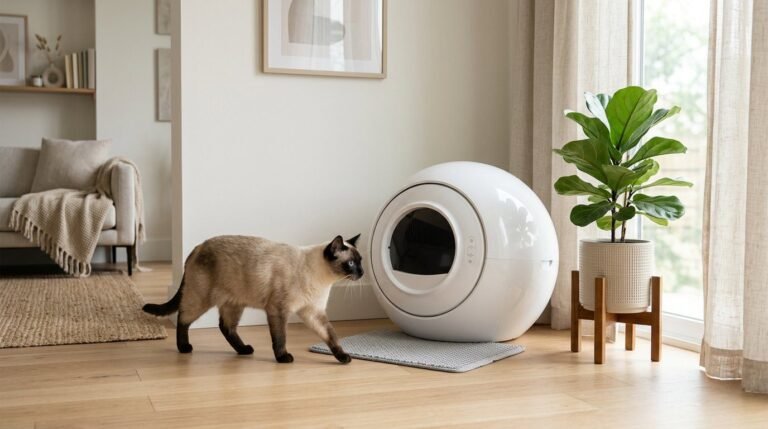 Modern self-cleaning litter box in a tidy living room corner with a cat walking toward it