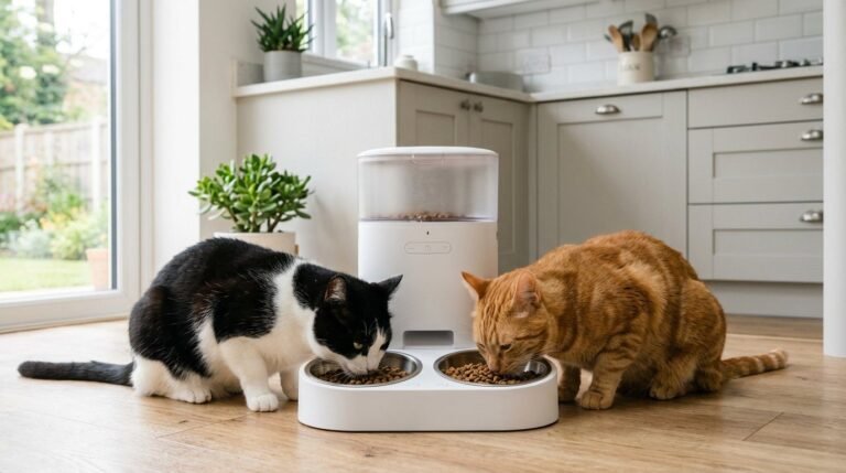 Two cats eating side by side from a dual-bowl automatic cat feeder in a modern kitchen