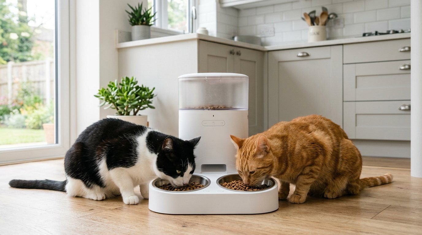 Two cats eating side by side from a dual-bowl automatic cat feeder in a modern kitchen