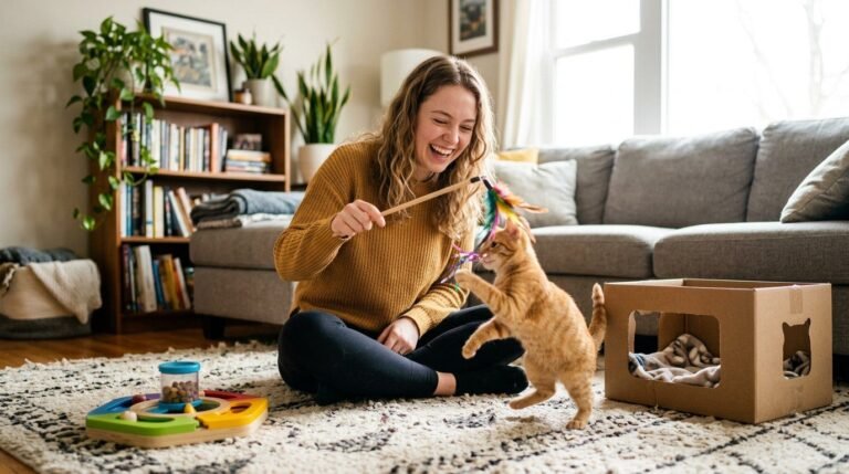 Woman playing with an orange tabby cat using a feather wand toy in a living room